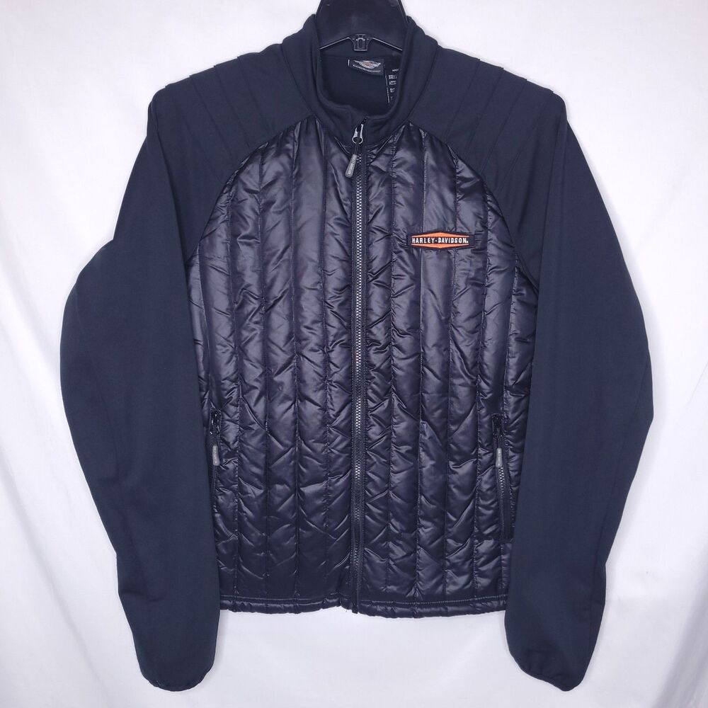 Harley Davidson Puffer Jacket Mens Medium Black Duck Down Fleece Full Zip
